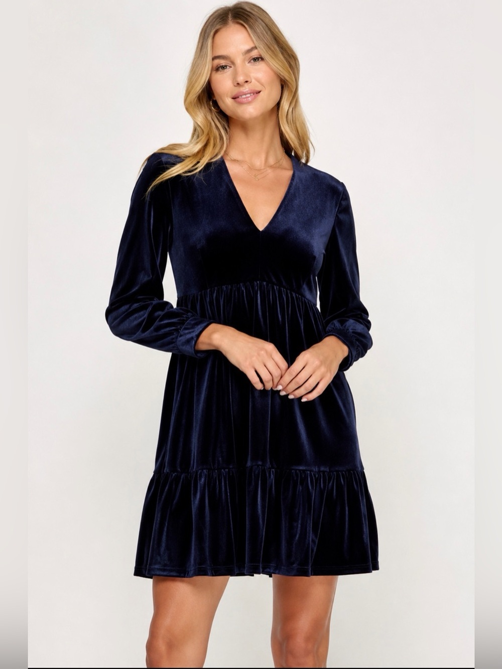 Just...Taylor Velvet Long Sleeve Navy Blue Dress